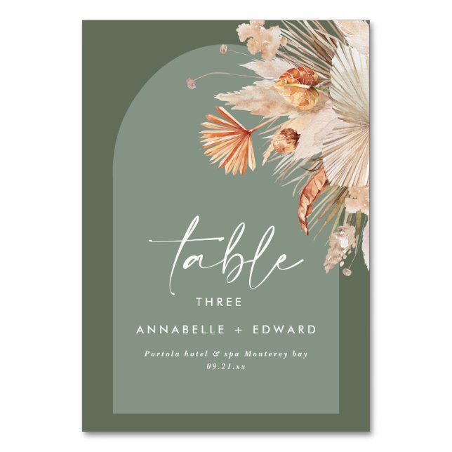 Pampas Grass Sage Grünrost Bohemisch modern Tischnummer (Vorderseite)