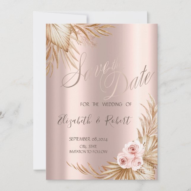 Pampas Grass Stilvolle Rose Gold Tropfen Save the  Date (Vorderseite)