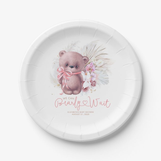 Pampas Grass Teddy Bear Babydusche Pink Boho Pappteller (Vorderseite)