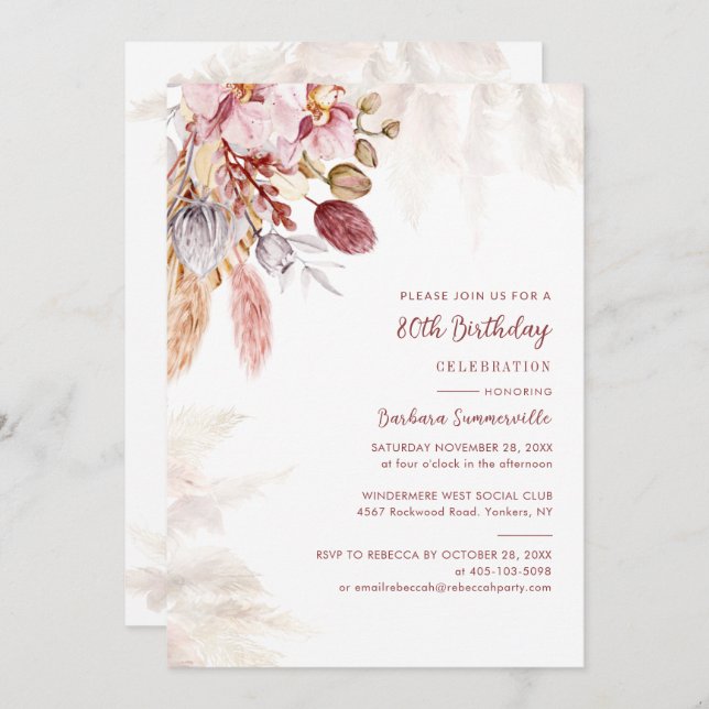 Pampas Grass Terracotta 80. Geburtstagsparty Einladung (Vorne/Hinten)