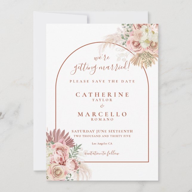 Pampas Grass Terracotta Arch Boho Wedding Save The Date (Vorderseite)
