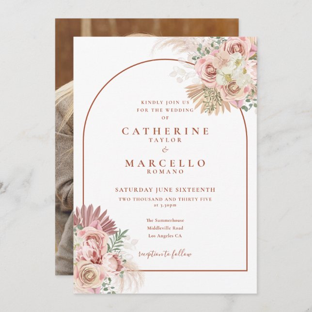 Pampas Grass Terracotta Arch Foto Hochzeit Einladung (Vorne/Hinten)