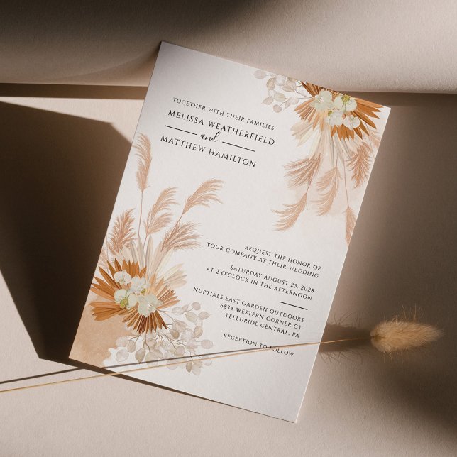 Pampas Grass Terracotta Botanische getrocknete Pal Einladung (Pampas Grass Elegant Fall Wedding Invitation)