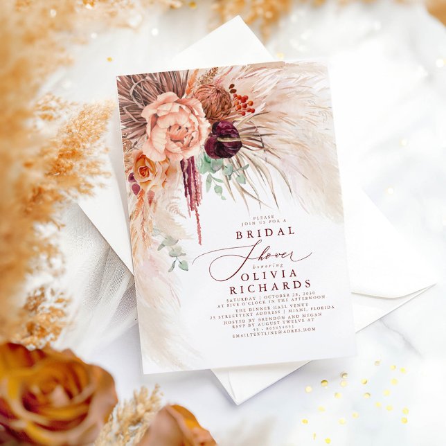 Pampas Grass Terracotta Brautparty Einladung (Terracotta Flowers and Dried Pampas Grass Boho Bridal Shower Invitations)