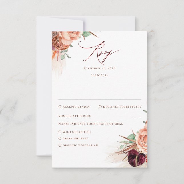 Pampas Grass Terracotta Burgundy Red Wedding RSVP Karte (Vorderseite)