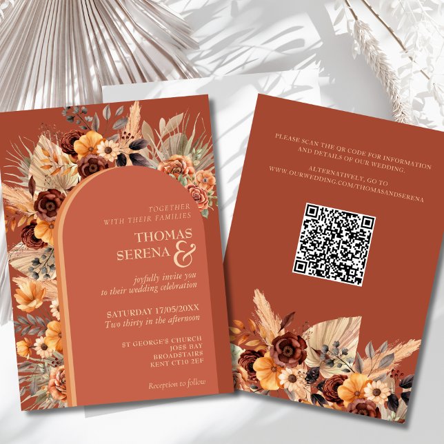 Pampas Grass Terracotta Fall Rust QR Code Hochzeit Einladung (Von Creator hochgeladen)