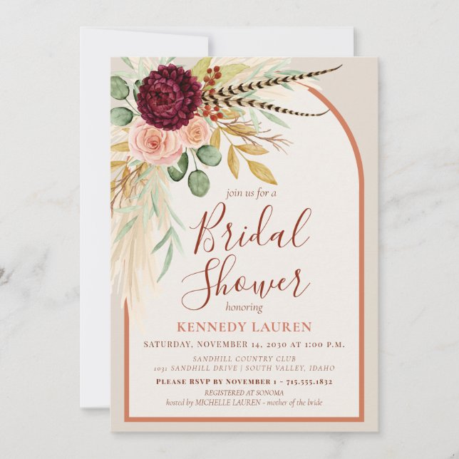 Pampas Grass Terracotta Floral Boho Bridal Shower  Einladung (Vorderseite)