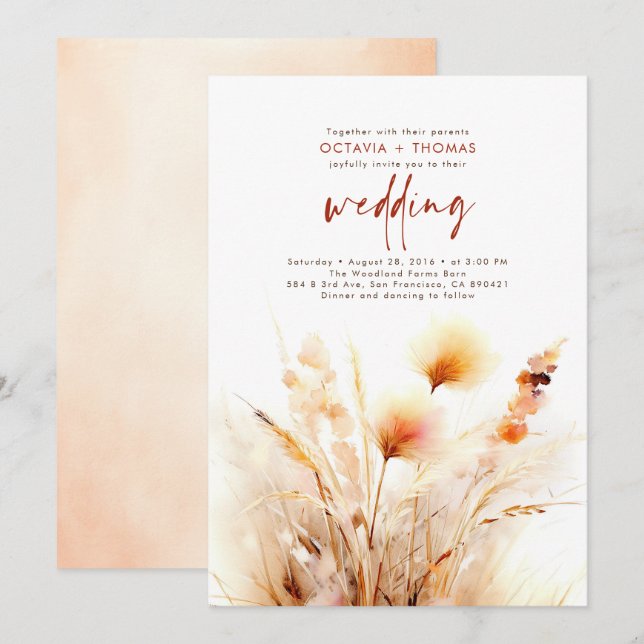 Pampas Grass Terracotta Floral Boho Hochzeit im He Einladung (Vorne/Hinten)