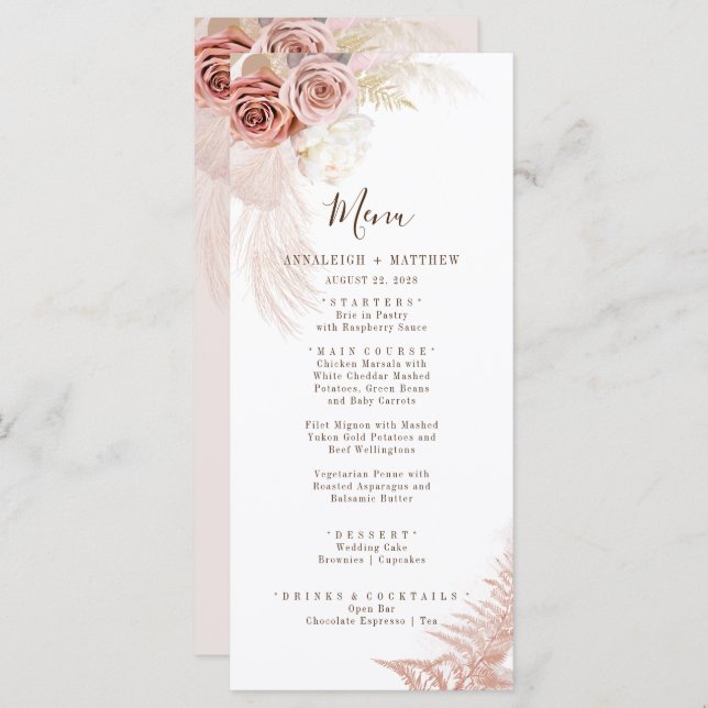 Pampas Grass Terracotta Moderne Blumenhochzeit Menükarte (Vorne/Hinten)