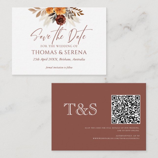 Pampas Grass Terracotta Save the Date QR-Code Mitteilungskarte (Vorne/Hinten)