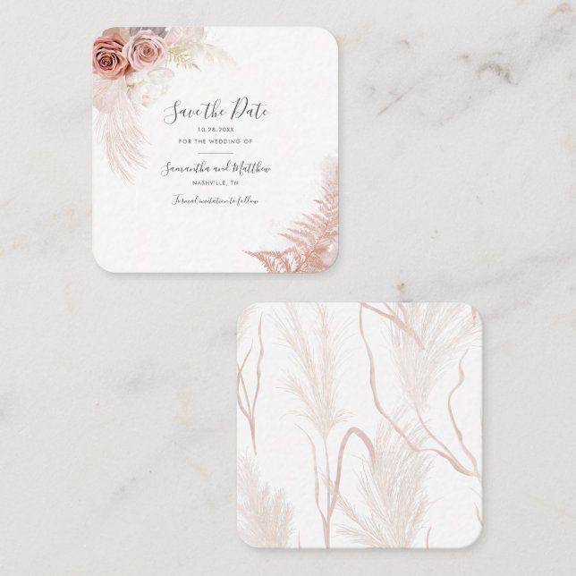 Pampas Grass Terracotta Script Save the Date Card Quadratische Visitenkarte (Vorne/Hinten)