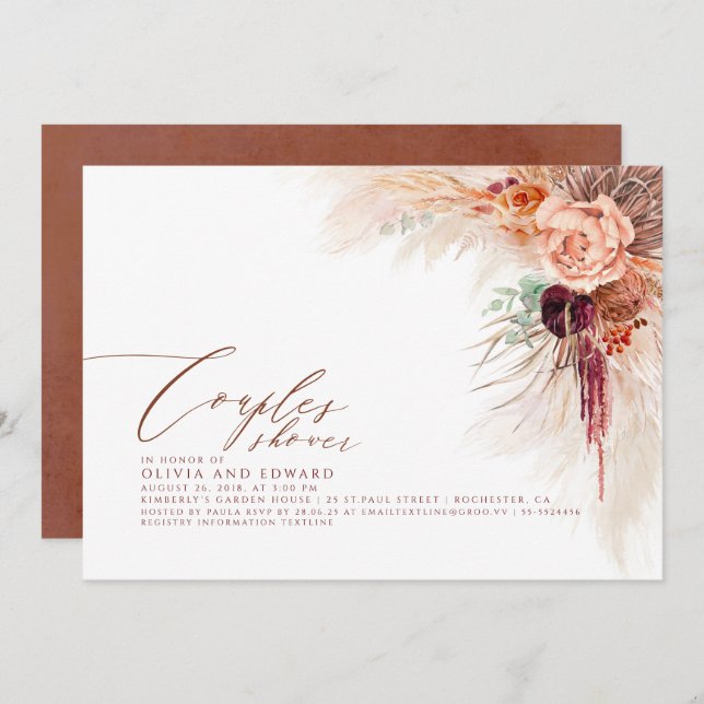 Pampas Grass Terracotta Tropische Paare Dusche Einladung (Vorne/Hinten)