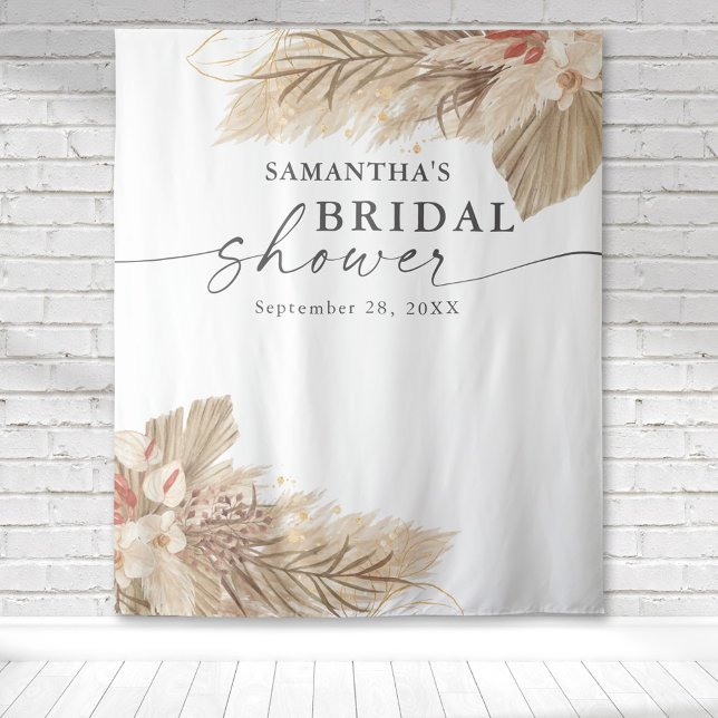 Pampas Grass Trockenes Palm Brautparty Wandteppich (Pampas grass dried palm fronds watercolor design on this bridal shower tapestry backdrop.)