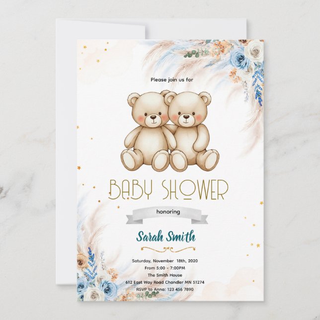 Pampas Grass twins bear invitation Einladung (Vorderseite)