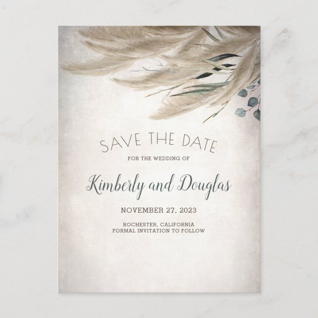 Pampas Grass und Greenery Boho Save the Date Ankündigungspostkarte (Vorderseite)