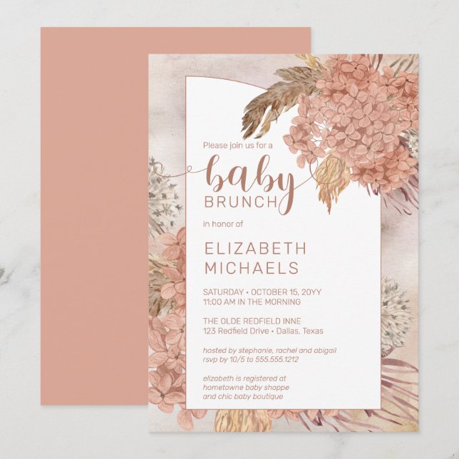 Pampas Grass und Hydrangeas Blooms Baby Brunch Inv Einladung (Vorne/Hinten)
