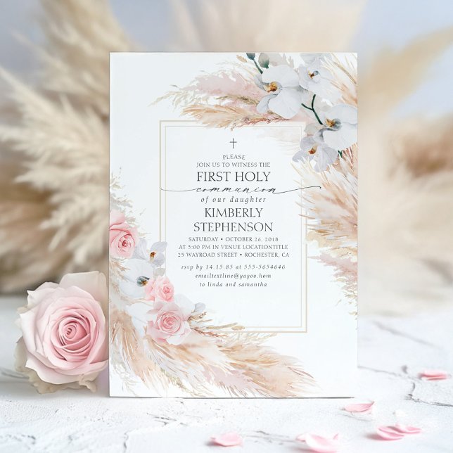 Pampas Grass und Weiße Orchideen Erste Kommune Einladung (First Holy Communion Elegant Pink Floral Invitations)