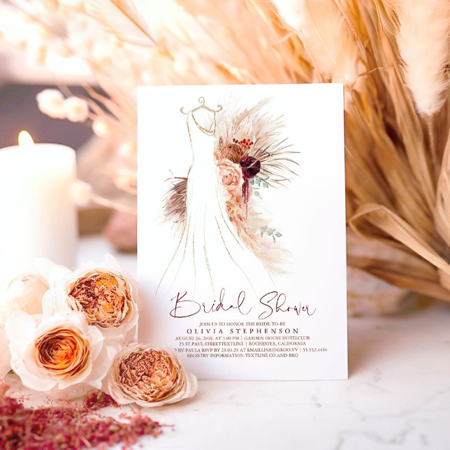 Pampas Grass Wedding Gown Terracotta Brautparty Einladung (Terracotta Floral Dress Bridal Shower Invitations for Boho Party)