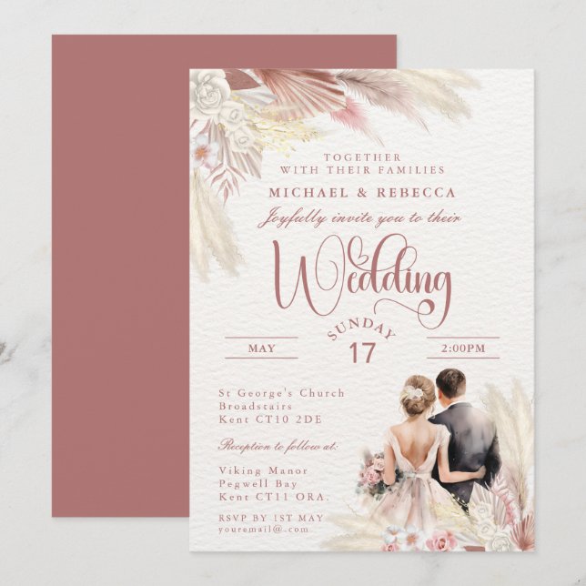 Pampas Grass Wedding Modern Blush Pink, Terracotta Einladung (Vorne/Hinten)