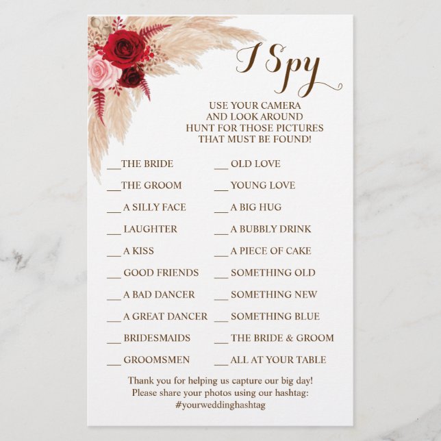 Pampas Grass Wedding Reception I Spy Game Card Flyer (Vorne)