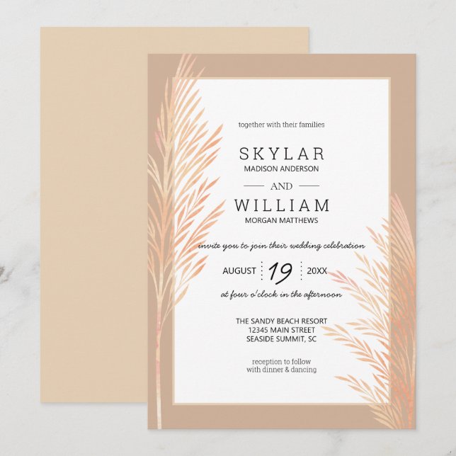 Pampas Grass Wedding Watercolor Chic Neutral Einladung (Vorne/Hinten)