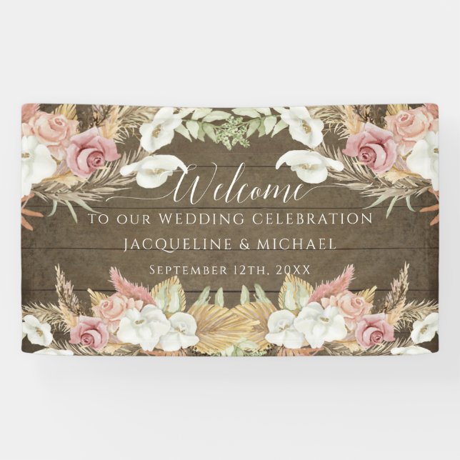 Pampas Greenerie Blush Floral Rustic Beach Hochzei Banner (Horizontal)