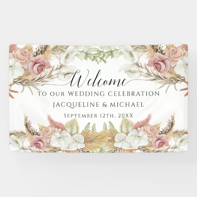 Pampas Greenery Blush Pink Floral Beach Hochzeit Banner (Horizontal)