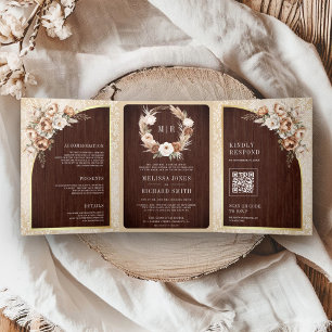 Pampas Neutral Beige Erdiges Florales Holz Hochzei Dreifach Gefaltete Einladung