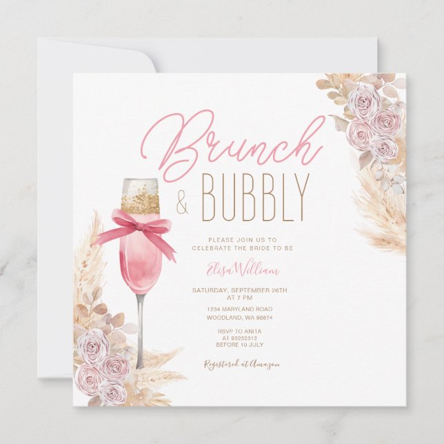 Pampas Pink Bow Brunch & Bubbly Brautparty Einladung (Vorderseite)