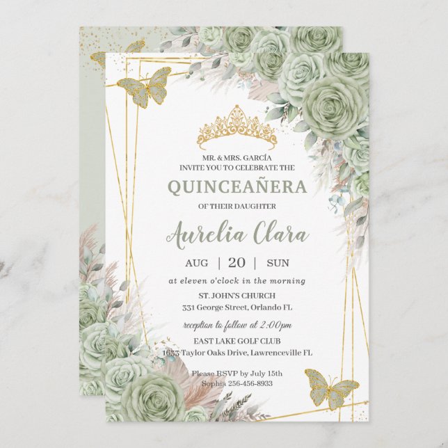 Pampas Sage Green Floral Butterfliegen Quinceañera Einladung (Vorne/Hinten)