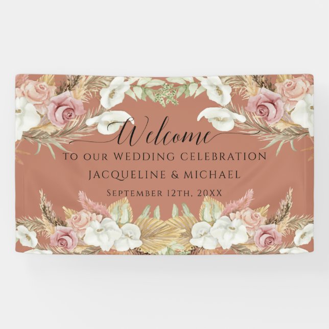 Pampas Terra Cotta Blush Pink Floral Beach Hochzei Banner (Horizontal)