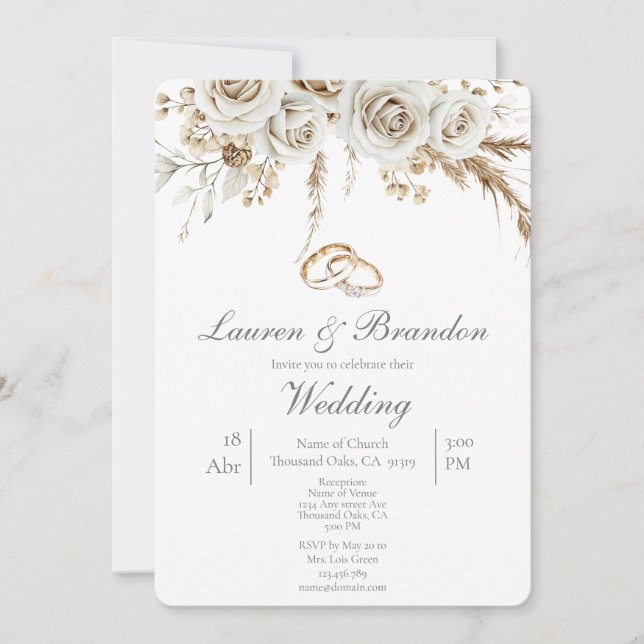 Pampas white boho Wedding invitation Einladung (Vorderseite)