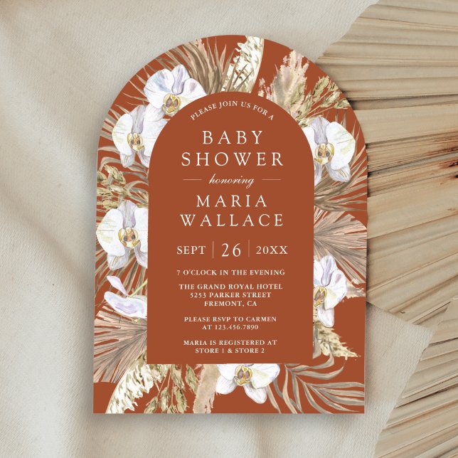 Pampas White Orchid Terracotta Arch Baby Dusche Einladung (Von Creator hochgeladen)