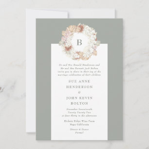 Pampas Wreath Moss Green Monogram Wedding Einladung
