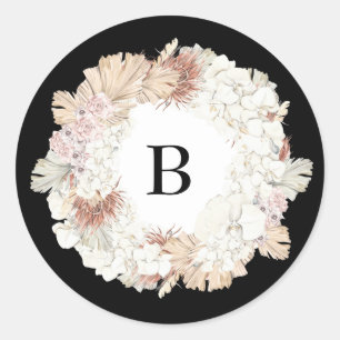 Pampas Wreath Onyx Black Premium Elegantes Monogra Runder Aufkleber