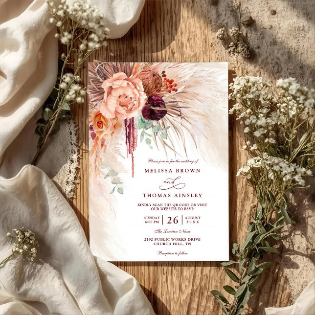 Pampasgras-Blumen-Terrakotta-QR-Code-Hochzeit Einladung (Von Creator hochgeladen)