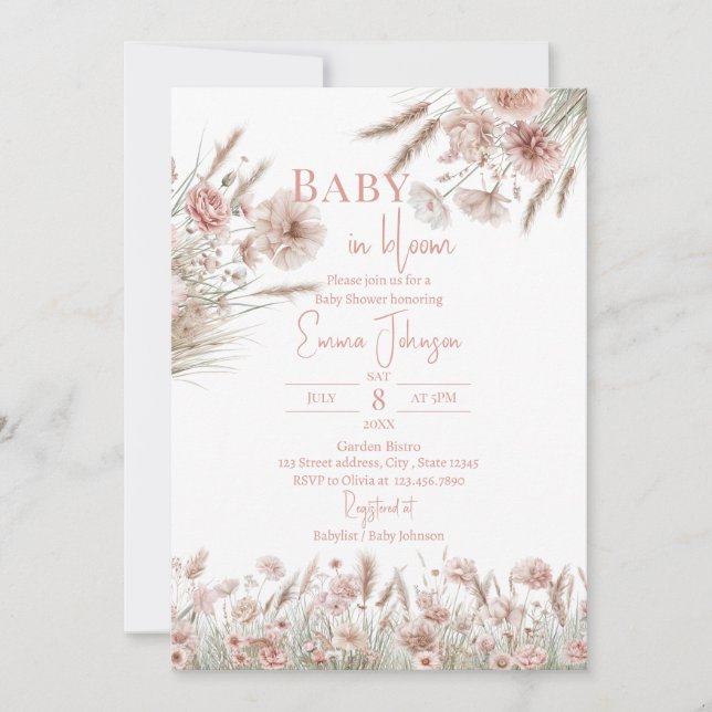Pampasgras Blush Floral Einladung (Vorderseite)