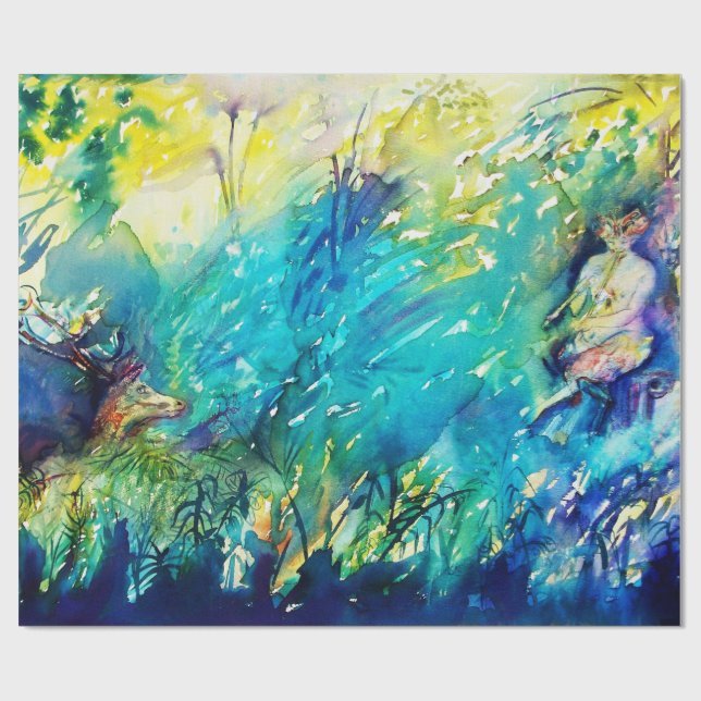 PAN PLAYING FLUTE AND DEINE IN GREEN WOODLAND GESCHENKPAPIER (Flach)