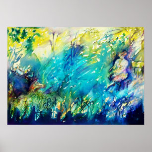 PAN PLAYING FLUTE AND DEINE IN GREEN WOODLAND POSTER