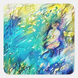 PAN PLAYING FLUTE AND DEINE IN GREEN WOODLAND QUADRATISCHER AUFKLEBER