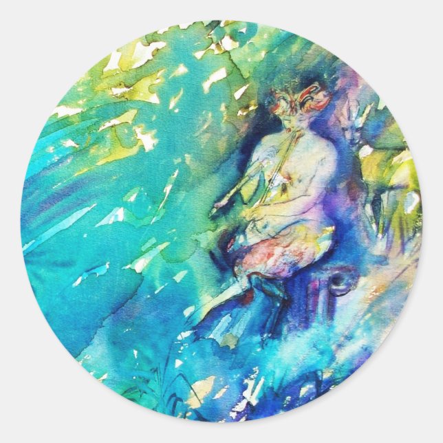 PAN PLAYING FLUTE AND DEINE IN GREEN WOODLAND RUNDER AUFKLEBER (Vorderseite)