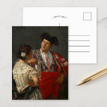 Panal für den Bullfighter | Mary Cassatt Postkarte<br><div class="desc">Das Panal wird dem Bullfighter (1873) von der amerikanischen Impressionistin Mary Cassatt angeboten. Dieses Ölgemälde auf der Leinwand zeigt eine junge Frau, die einem Stierkämpfer auf flirrrende Weise ein Glas Wasser anbietet, das sie mit dem Wabenpanal zu einem erfrischenden Getränk eintaucht. Cassatt hat während ihres bleibe in Spanien im Jahre...</div>
