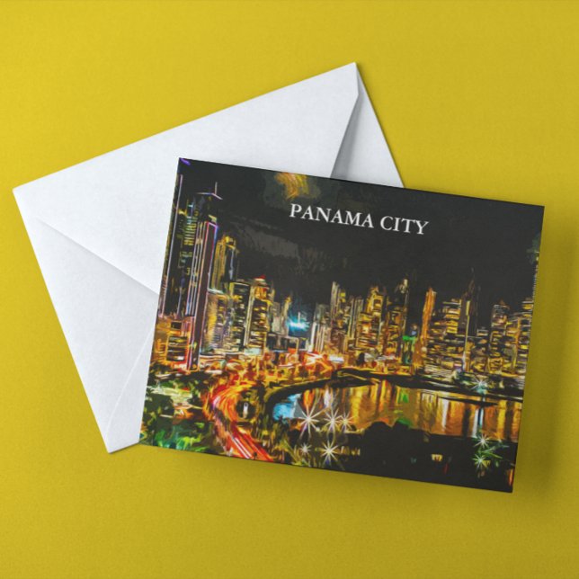 Panama City by Night Panorama View Gemälde Postkarte (Panama City By Night Panorama View Painting Postcard)
