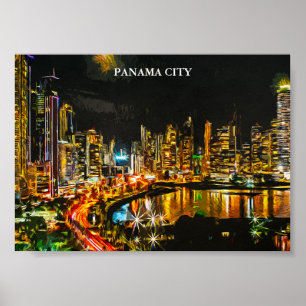 Panama City by Night Wassercolor Skyline Malerei Poster