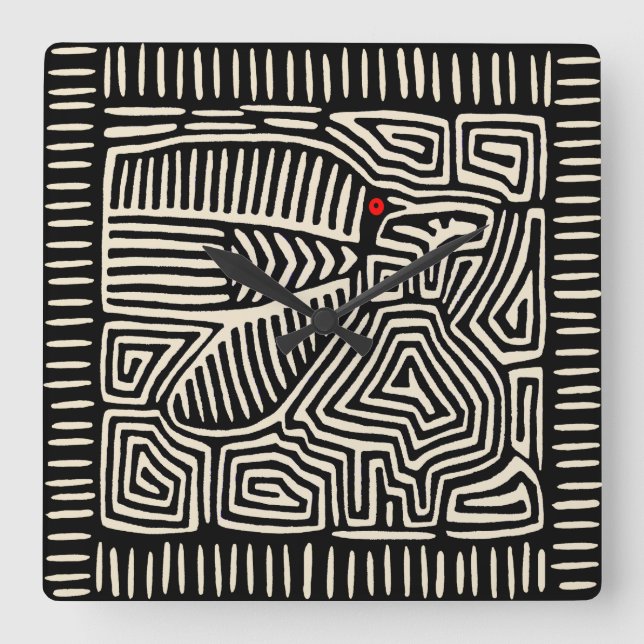 Panama Kuna Indian Mola Pajaro - Schwarz-weiß Quadratische Wanduhr (Vorderseite)