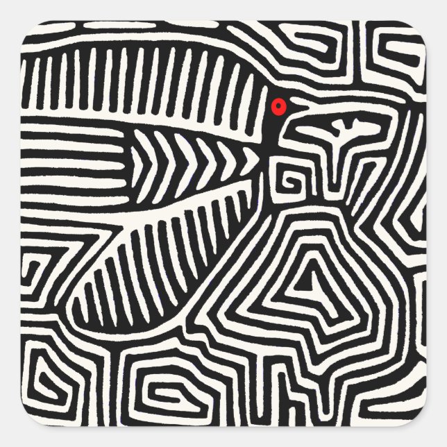 Panama Kuna Indian Mola Pajaro - Schwarz-weiß Quadratischer Aufkleber (Vorderseite)