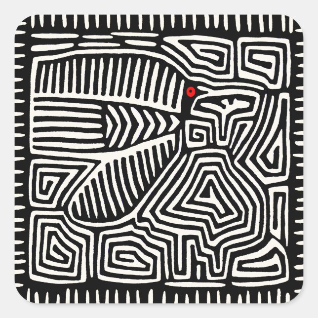 Panama Kuna Indian Mola Pajaro - Schwarz-weiß Quadratischer Aufkleber (Vorderseite)