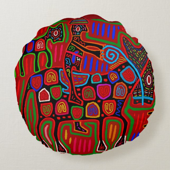 Panama Mola - Rettet einen Pferdeschlitten Rundes Kissen (Rückseite)