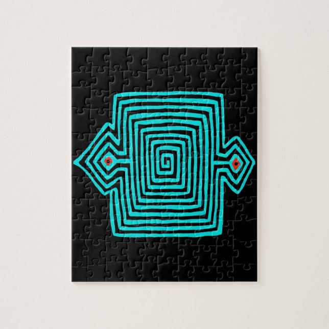 Panama Mola Tortoise - Blau Schwarz Puzzle (Vertikal)