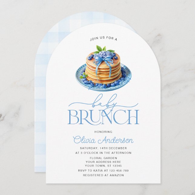 Pancake Baby Brunch Blueberry Babydusche Einladung (Vorne/Hinten)